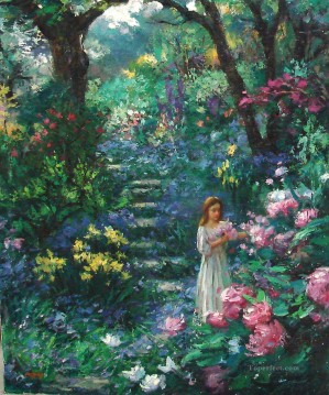 Impressionism Flowers Painting - girl on floral path